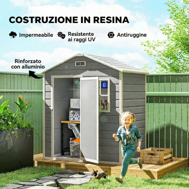Outsunny Capanno da Giardino, Capanno in Plastica con Pavimento, Finestra, Porta con Serratura e Prese d'Aria, Grigio