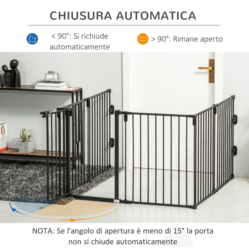 PawHut Cancelletto di Sicurezza Pieghevole 6 Sezioni, Cancellino Barriera per Cani in Acciaio, Sistema di Blocco e Chiusura Automatica, Nero