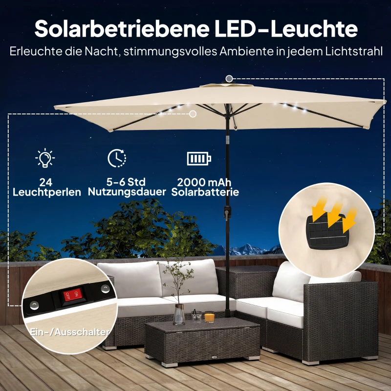 Outsunny Sonnenschirm LED Solar ca. 300 x 200 cm knickbar Balkonschirm mit Kurbel Schutzhülle, UV Schutz, Drehbar Cremeweiß