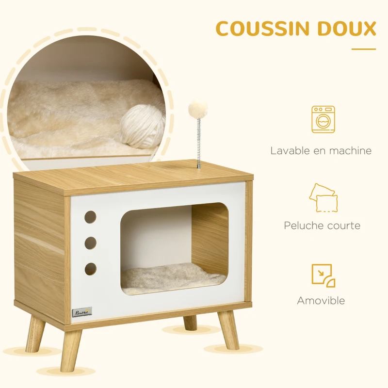 PawHut Maison niche pour chat forme de tv avec coussin douillet et balle rebondissante - 50 x 28 x 43 cm
