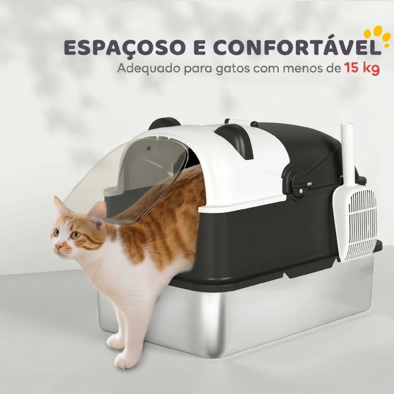 PawHut Caixa de Areia para Gatos Grandes XL em Aço Inoxidável com Tampa Rebatível, Pá e Desodorizante, Panda, Preto