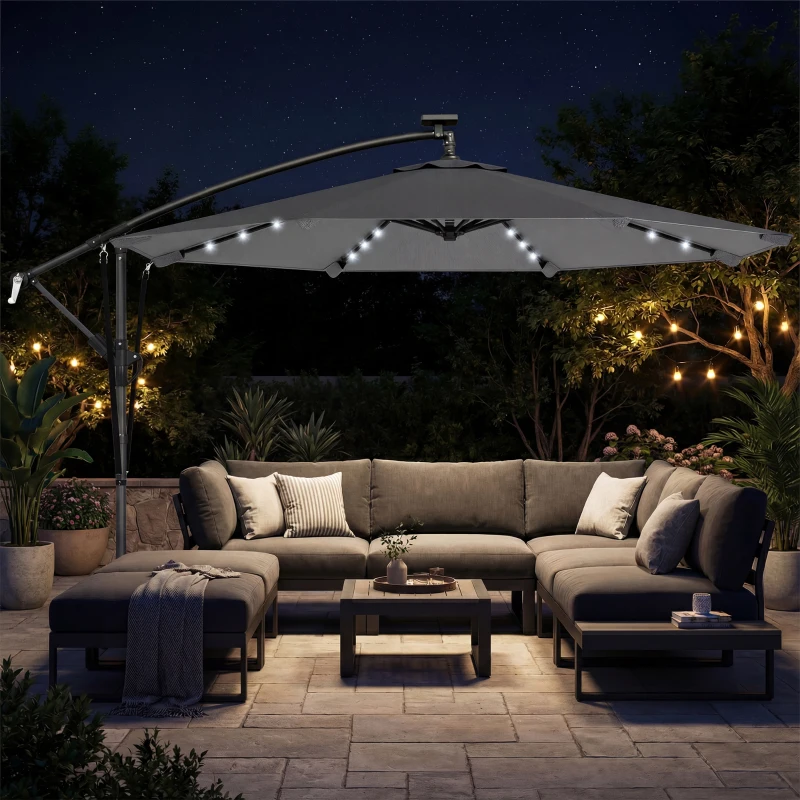 Outsunny Chapéu de Sol Excêntrico com Luzes LED Solares 330x295 cm Chapéu de Sol para Jardim com Base Cruzada Manivela Capa Protetora Cinzento Escuro