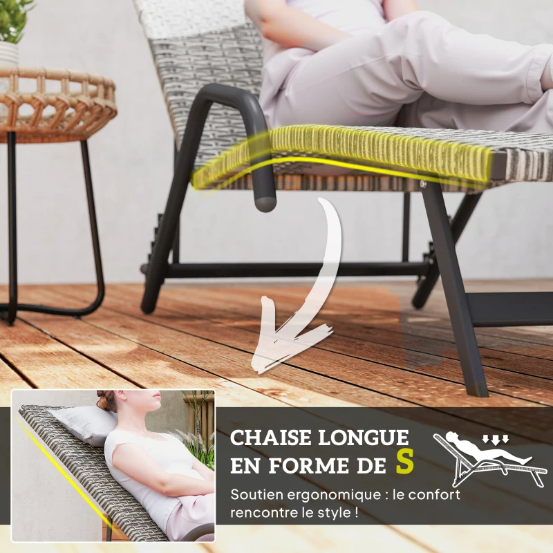 Outsunny Bain de soleil chaise longue en résine tressée inclinable et réglable sur 4 niveaux en forme de S, 156x62x96cm marron