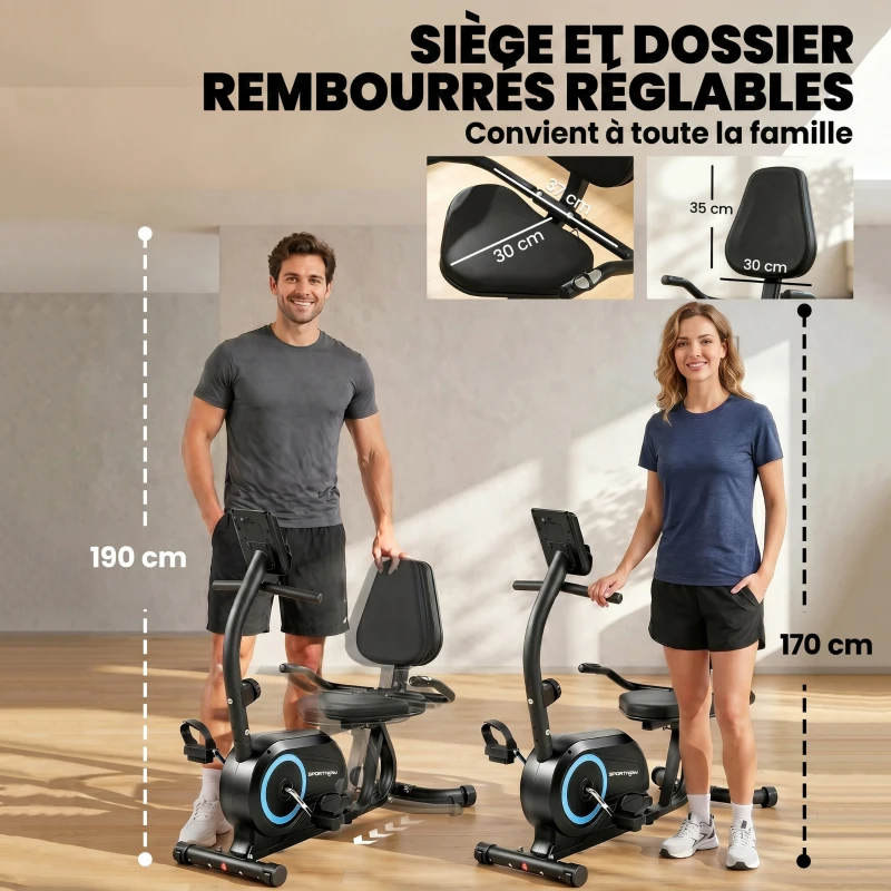 SPORTNOW Vélo d'Appartement Magnétique Vélo Couché Semi-allongé Silencieux Connecté Kinomap 8 Niveaux 136x56x106cm Bleu