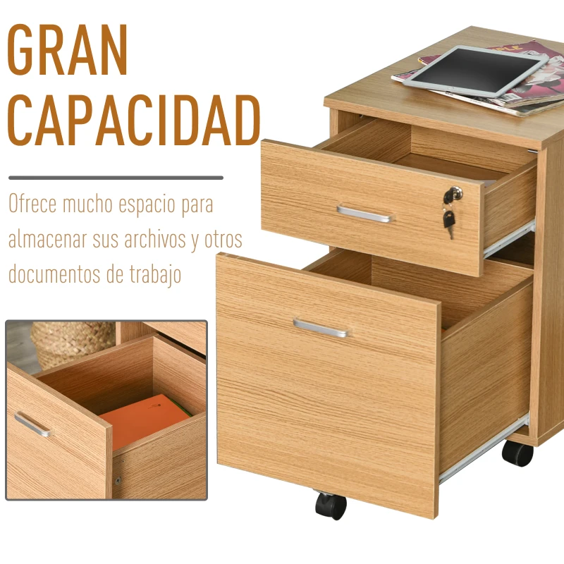 Vinsetto Cajonera de Oficina con Ruedas Mueble Archivador con 2 Cajones para Documentos en Tamaño A4 Cerradura 40x49x58cm Natural