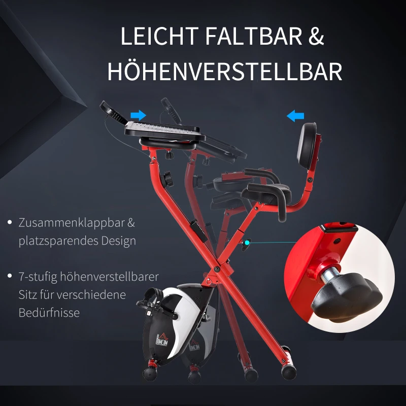 HOMCOM Heimtrainer, 8 Widerstandsstufen, höhenverstellbar, LCD-Monitor, 107 cm x 53 cm x 22 cm, Rot + Schwarz + Weiß