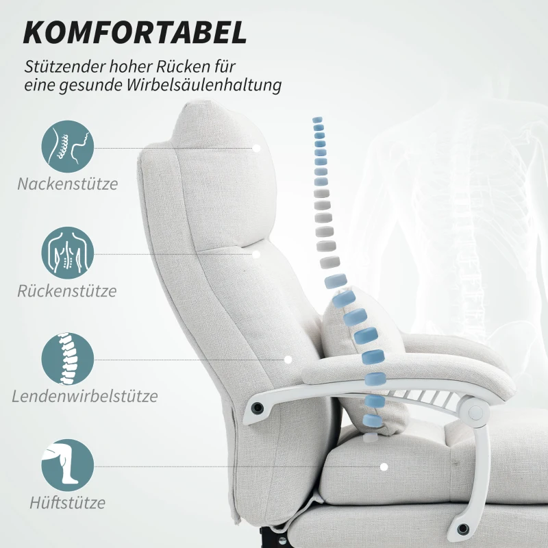 HOMCOM Rollsessel, Leinenoptik, höhenverstellbar, 160 Grad neigbar, Fußstütze, Cremeweiß(m-4)