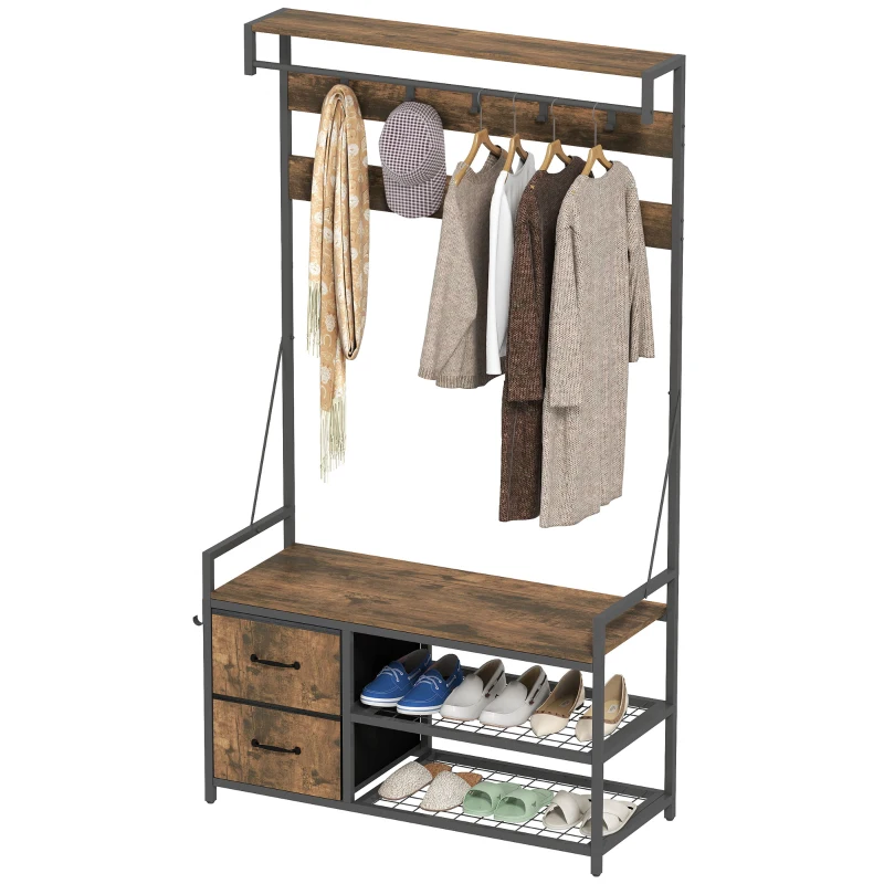 HOMCOM Móvel Cabide de Entrada com Banco 10 Ganchos 2 Gavetas e Barra para Pendurar Estilo Industrial 100x40x180 cm Castanho Rústico