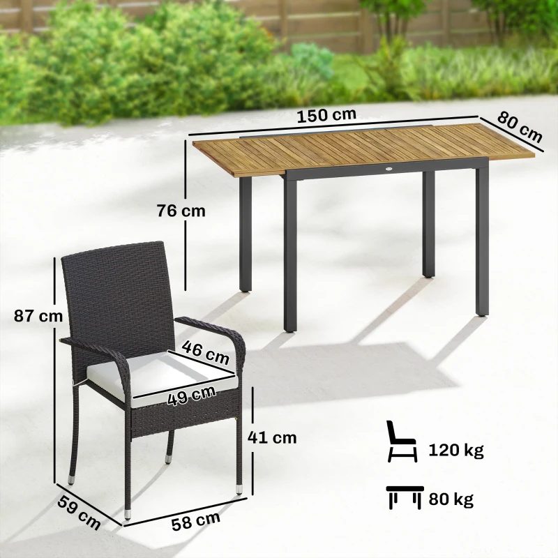 Outsunny 7 Piece Rattan Garden Furniture Set, 6 Seater Garden Table and 6 Stackable Chairs with Extendable Acacia Wood Tabletop