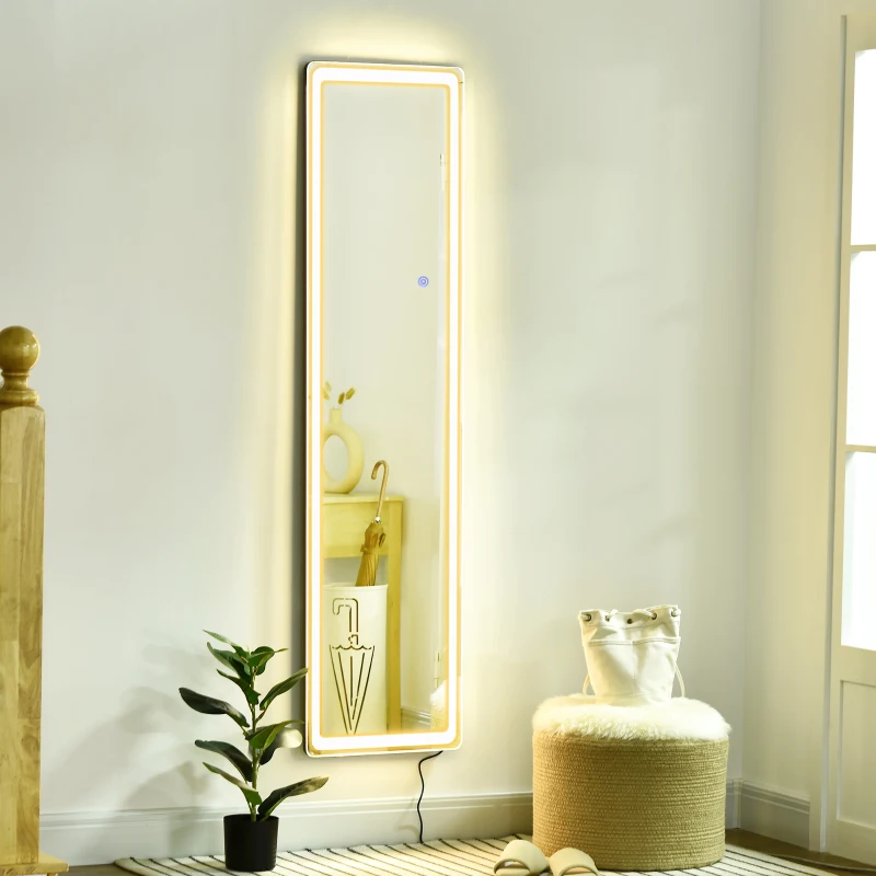 HOMCOM Full-Length Mirror, 160 x 40 cm, Wall Mounted, Freestanding Floor Mirror with LED Lights and Remote Control, Dimming & 3 Colour Modes, for Bedroom, Black