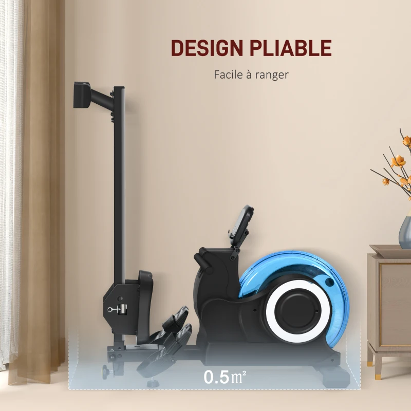 SPORTNOW Rameur à eau d'appartement pliable - 6 niveaux de résistance écran LCD multifonction support de tablette