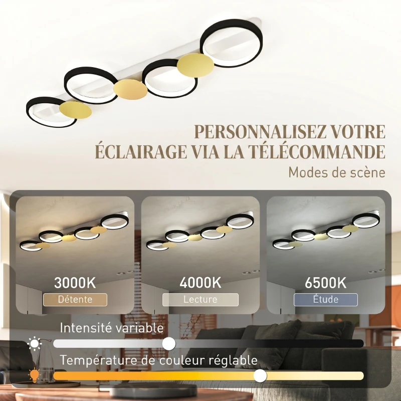 HOMCOM Plafonnier LED 38W, luminaire plafonnier 4 lumières à montage affleurant, télécommande, 100 x 31 x 7 cm, doré et noir