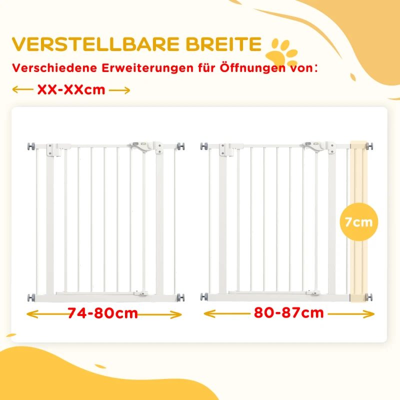 PawHut Deurhekje voor Huisdieren, Veiligheidshek, Huisdieren Veiligheidshek, Metaal, Kunststof, 74-87 cm, Wit