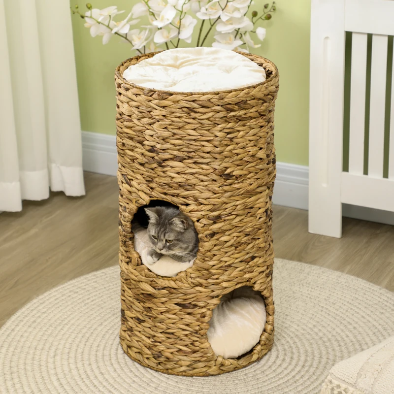 PawHut Kattengrot met 3 verdiepingen, 3 ingangen, boho-design, inclusief kussen, 40 cm x 40 cm x 73 cm, lichtbruin en crèmewit