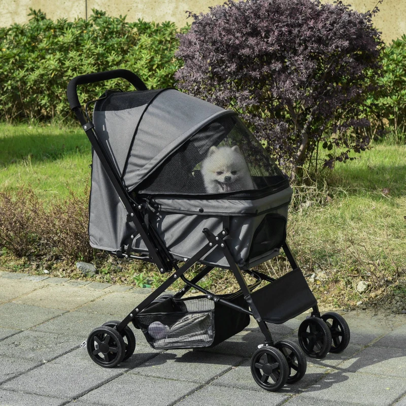 PawHut Carrinho para Animais de Estimação Dobrável Carro para Cães e Gatos com Capô Ajustável Cesta de Armazenamento Cinto de Segurança Tecido Oxford 600D Aço 76,5x52x95cm Cinza