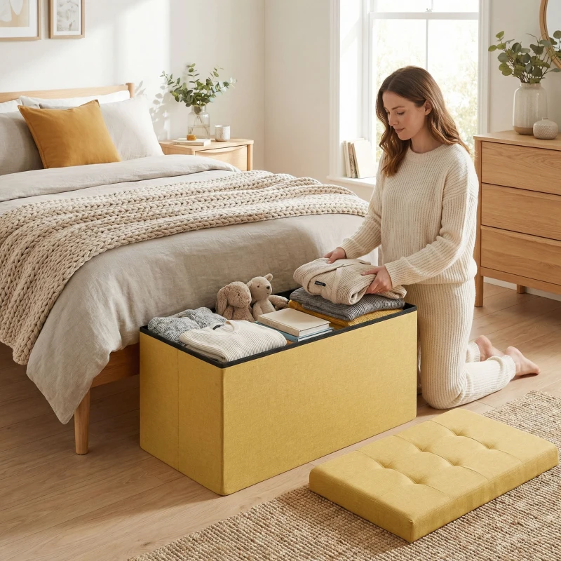 HOMCOM Puff de Arrumação Banco de Arrumação Dobrável 84 L 76x38x38 cm Estofado em Linho Sintético Amarelo