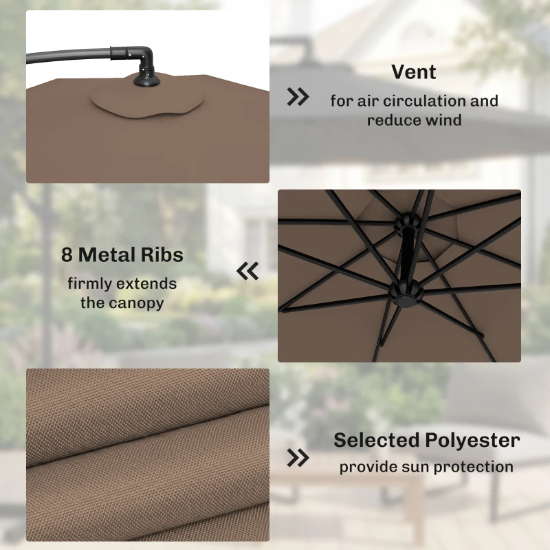 Outsunny 3m Overhanging Parasol, with Base, Weights and Cover - Coffee