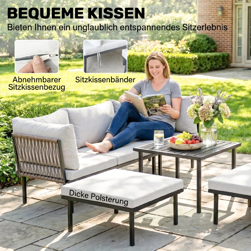 Outsunny Lounge Tuinmeubelset 5-6 Personen Tuinlounge Set met 2-zits Tuinbank, 2 Stoelen, Hoekstoel, Lamellen-tafel, Voetenbank