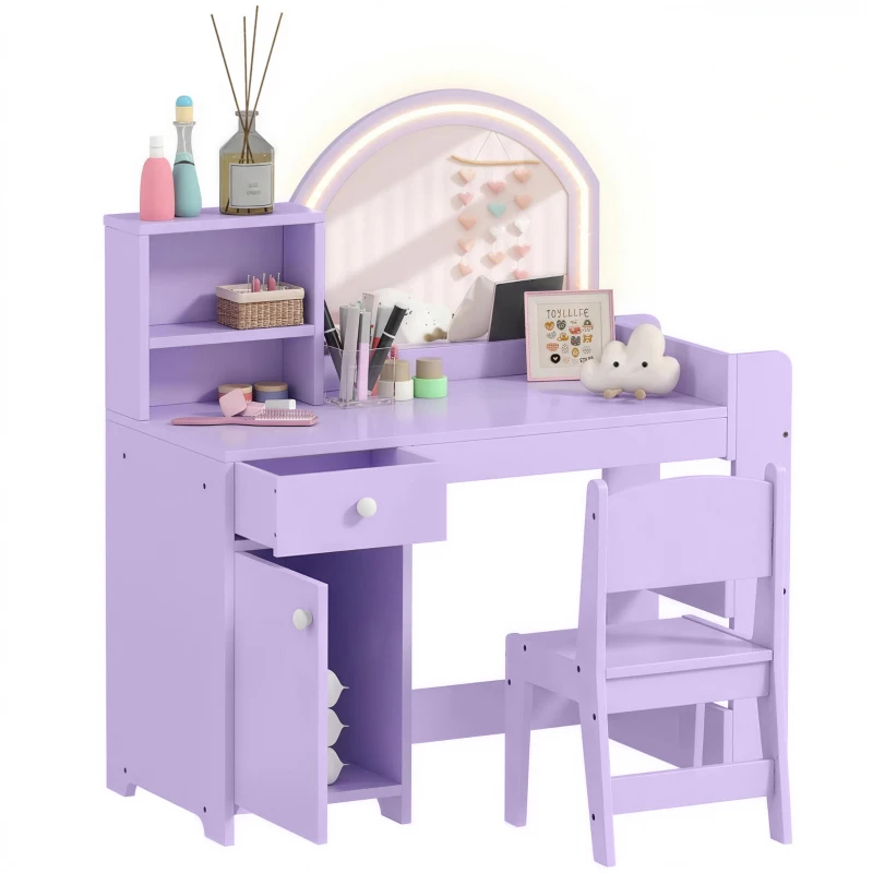 AIYAPLAY Kids Vanity Table and Chair Set, Girls Dressing Table with 2-Colour LED Mirror, Stool, Cabinet, Drawer, Shelves, Purple