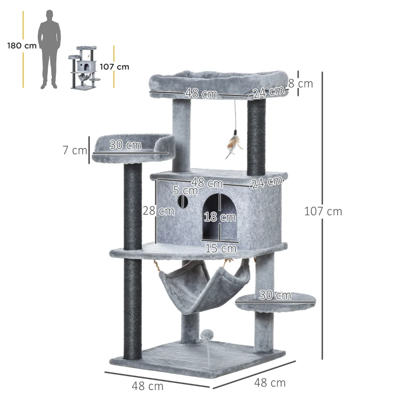 PawHut Albero Tiragraffi per Gatti con Palo, Casetta, Letto, Amaca e 2 Giochi in Legno e Peluche, 48x48x107 cm, Grigio