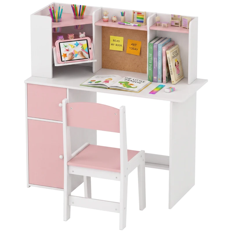AIYAPLAY Kids Desk and Chair Set Storage Shelves Kids Desk Adjustable Tablet Stand Cork Board Pen Holder Pink