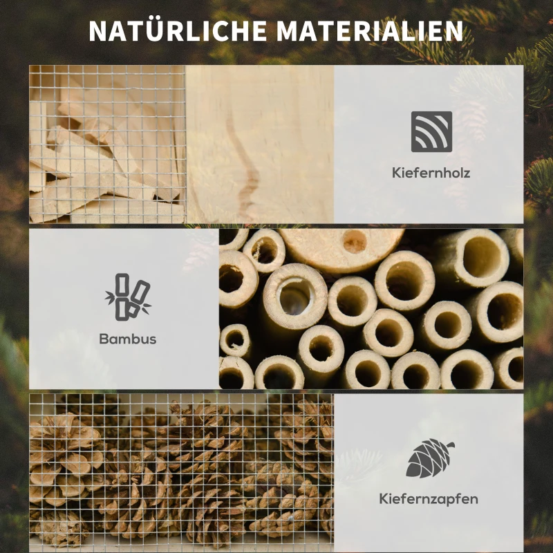 Outsunny Insektenhotel Insektenhaus mit 5 Etagen Metallgitter Bienenhotel aus natürlichen Materialien für Käfer Bienen Wespen und Schmetterlinge Kiefernholz Bambus Metall Naturholz 32 x 12,5 x 57 cm