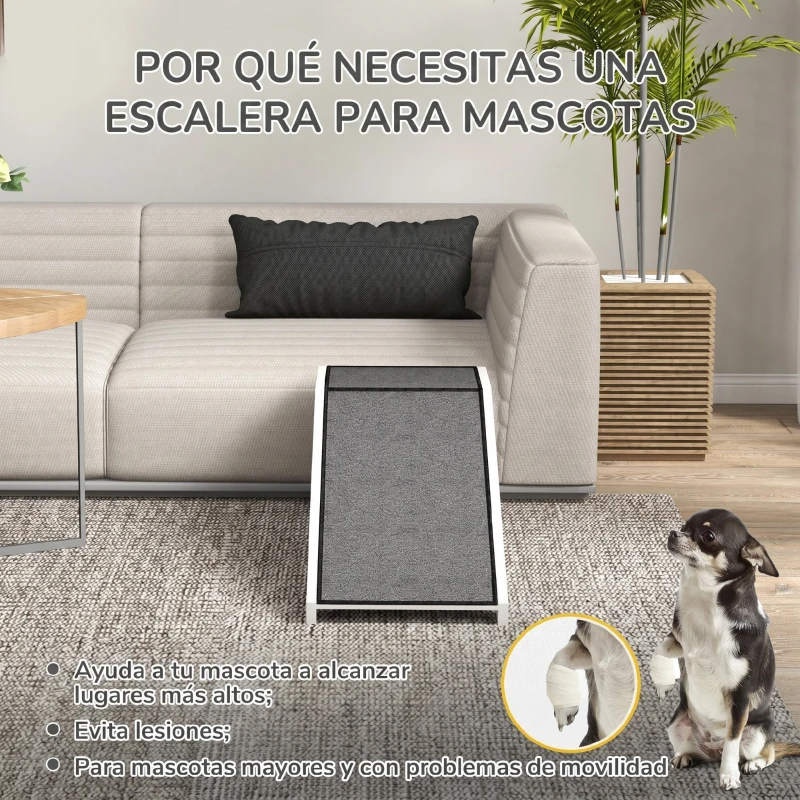 PawHut Rampa para Mascotas de Madera con Alfombra Antideslizante para Perros Pequeños o Mayores 125x40x35,5 cm Blanco y Gris
