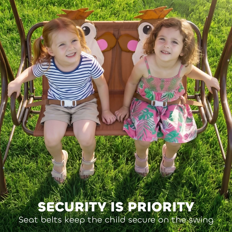 Outsunny 2 Seater Kids Garden Swing Seat, Children Outdoor Patio Lounge Chair for Gardens w/ Adjustable Awning, Seatbelt, Monkey Pattern - Brown