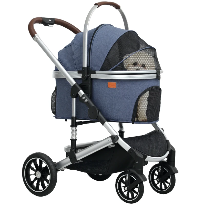 PawHut 3 in 1 Opvouwbare Hondenbuggy voor Katten tot 10 kg, met Kussen en Bekerhouder, Donkerblauw