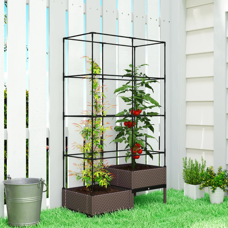 Outsunny Floreira com Grade Metálica para Plantas Trepadeiras 2 Caixas de PP com Orifícios de Drenagem 100x50x174 cm Preto