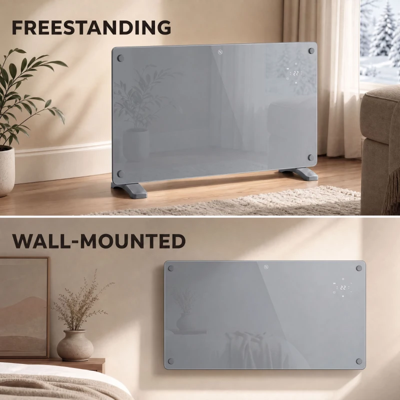 HOMCOM 1500W Smart Panel Heater Wall Mounted & Freestanding, Electric Heater with Weekly Timer, Open Window & Anti-Frost, Grey