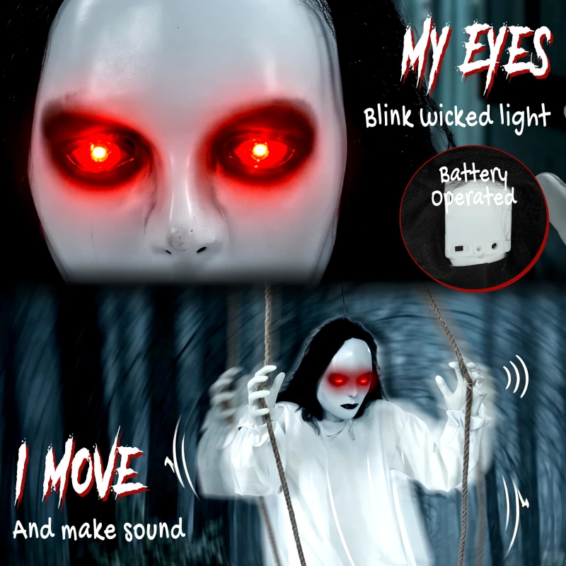 HOMCOM 170cm Animated Hanging Swing Ghost Halloween Decoration, Sound Touch Activated Ghost Halloween Animatronic