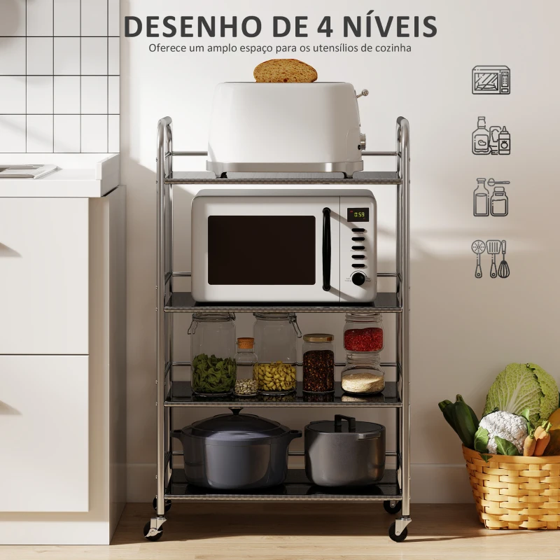 HOMCOM Carrinho Auxiliar com Rodas de Aço Inoxidável de 4 Níveis com Prateleira Ajustável 2 Rodas com Travão 60x35x100 cm  Prateado