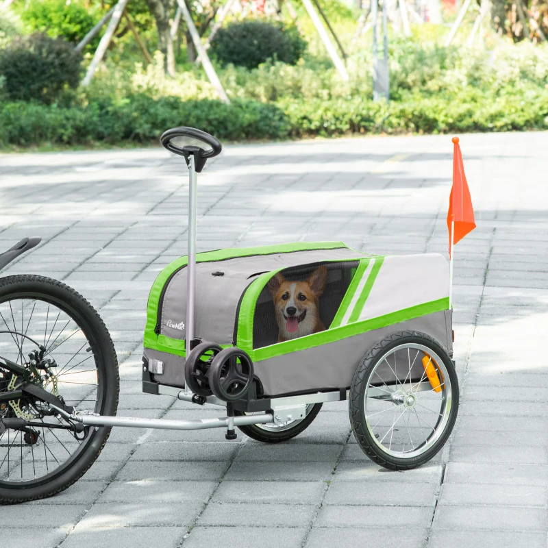 PawHut Reboque de Bicicleta para Cães 2 em 1 Carrinho para Animais de Estimação com Porta Enrolável Cinto de Segurança Bandeira e Refletores 130x64x92cm Verde e Cinza