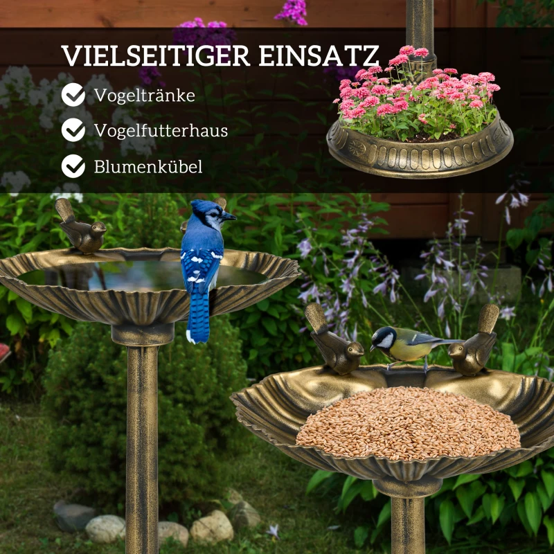 Outsunny Vogelbad met Standbeelden, 2 Schalen, Kunststof, Antieke Look, 49,5L x 38B x 81H cm, Bronskleurig
