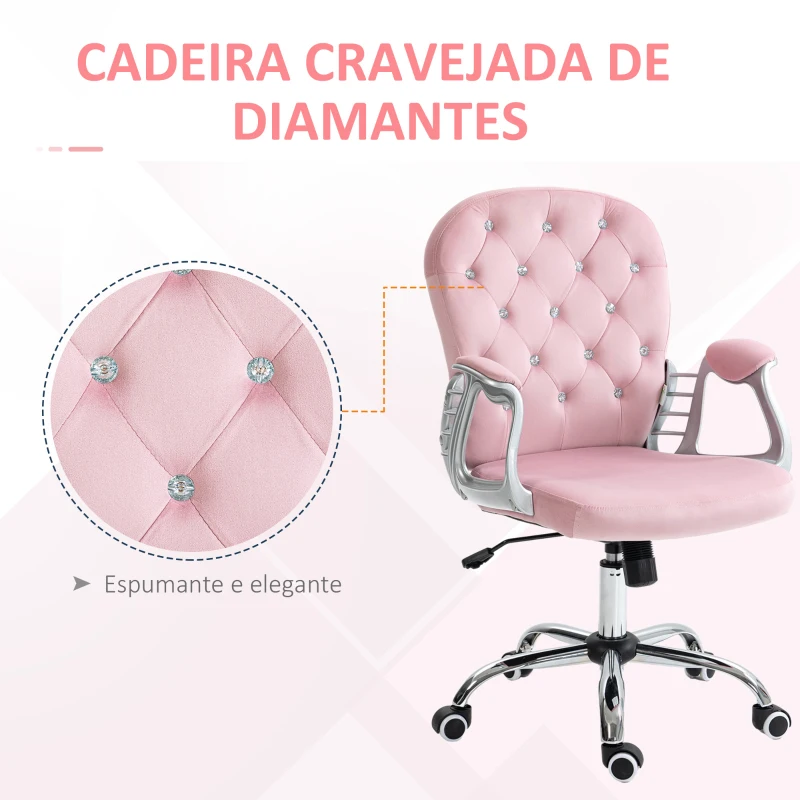 Vinsetto Cadeira de Escritório Estofada em Veludo Cadeira Giratória com Altura Ajustável e Decorações de Cristal 59,5x60,5x103 cm Rosa