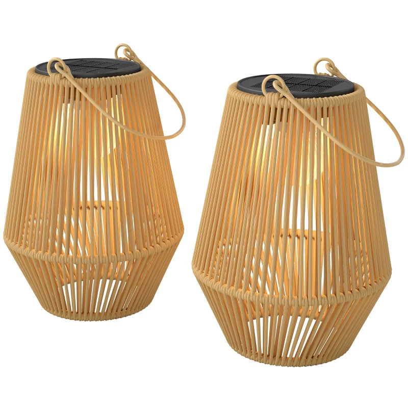 Outsunny Set di 2 Lampade Solari in Rattan,con Accensione/Spegnimento Automatico, IP44, 16x16x21 cm, Marrone