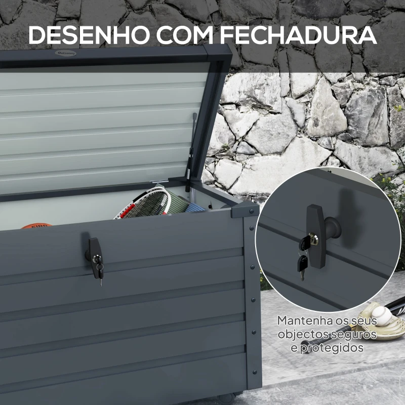 Outsunny Baú de Exterior 295 L Baú de Armazenamento de Aço Galvanizado com 1 Fechadura para Jardim 100x62x65 cm Cinza Escuro