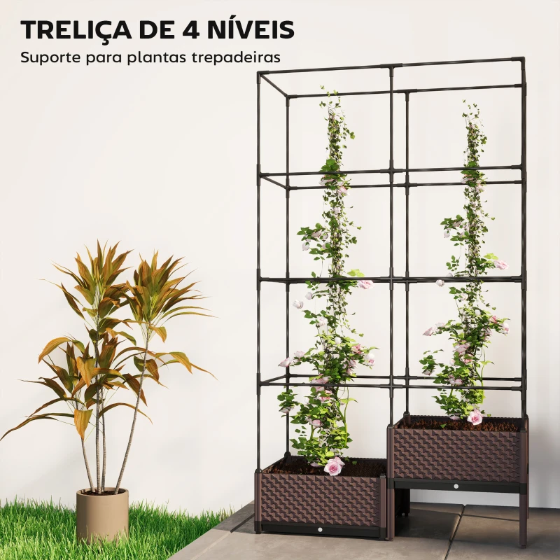Outsunny Floreira com Grade Metálica para Plantas Trepadeiras 2 Caixas de PP com Orifícios de Drenagem 100x50x174 cm Preto