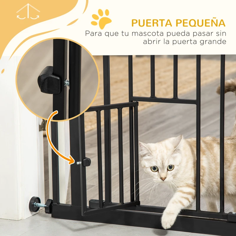PawHut Barrera de Seguridad Extensible con Puerta Pequeño Cierre Automático y Sistema de Doble Bloqueo 74-80x76,2 cm Negro