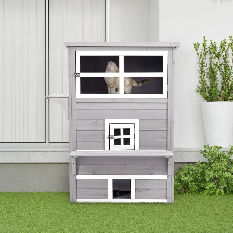 PawHut Casa para Gatos de Madeira Exterior Casa Grande para Gatos de 3 Andares com Múltiplas Entradas Janelas e 2 Plataformas para Terraço Balcão Jardim 98x68,5x122cm Cinza
