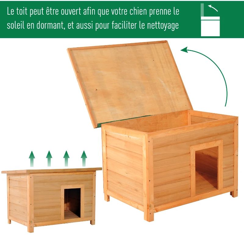 PawHut Niche pour chien chat en bois sur pied chenil toit ouvrant bitumé pin massif pré-huilé 85 x 58 x 58 cm