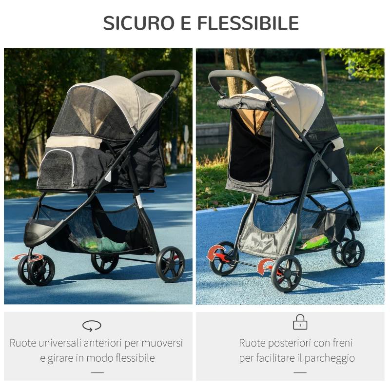 PawHut Passeggino per Cani Piccoli Pieghevole a 3 Ruote con Copertura Antipioggia e Cestino, Cachi