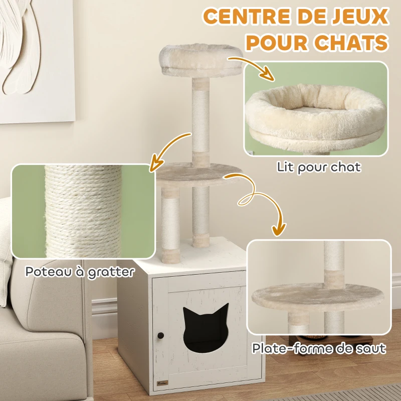 PawHut Arbre à chat avec maison de toilettes, tour de jeu 2-en-1 de 129 cm avec cache-litière, poteaux à griffer, crème