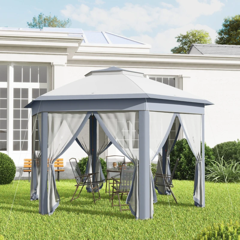 Outsunny Tenda Dobrável 4x3,4 m Tenda de Jardim Hexagonal com Duplo Tecto 6 Mosquiteiras Destacáveis e Saco de Transporte Cinzento