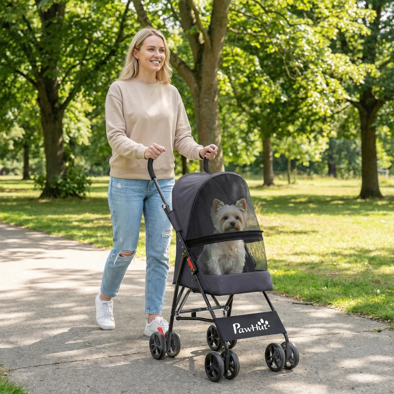 PawHut Dog Stroller, Foldable Cat Dog Pram for Miniature Breeds, Pet Stroller with Brake, Mesh Windows, Dark Grey