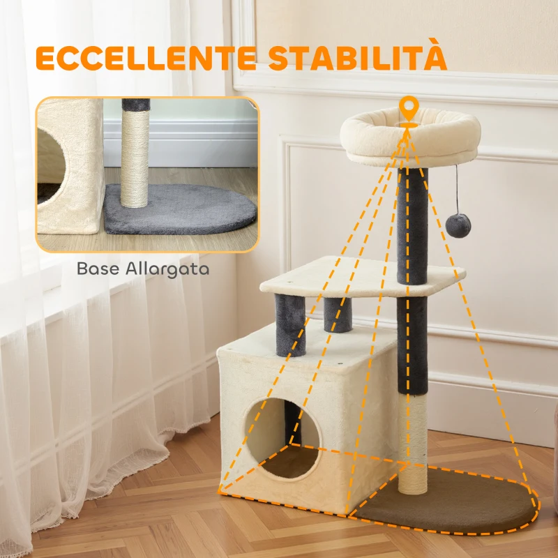 PawHut Albero Tiragraffi per Gatti Alto 92 cm con Casetta, Lettino, Pali in Sisal e Pallina, Bianco Crema