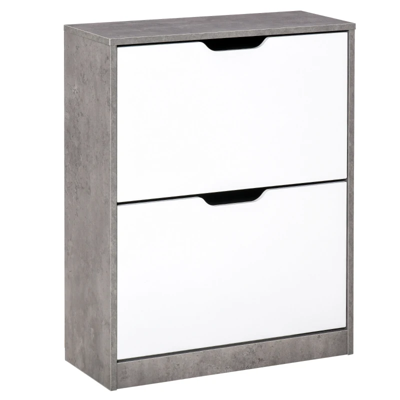 HOMCOM Meuble à chaussures meuble d'entrée placard de rangement, 2 portes abattantes, 62,5 x 26 x 81 cm, gris et blanc