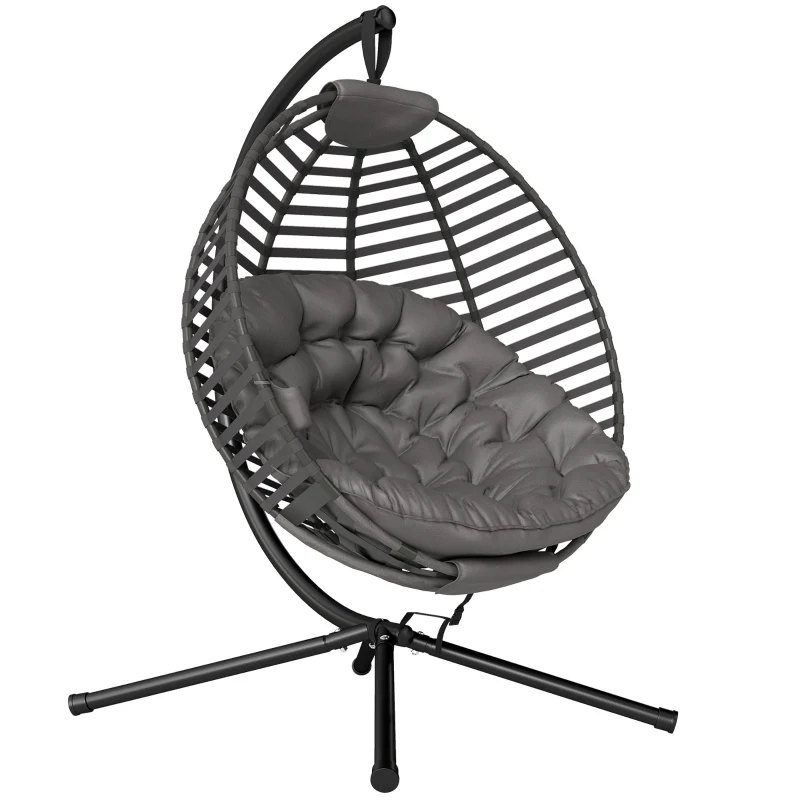 Outsunny Hängesessel mit Gestell, Eiförmiger Hängeschaukel mit weichem Sitzpolstern,faltbar Hängematte für den Außenbereich Schaukelsessel Indoor Outdoor, Terrasse, Garten, Grau