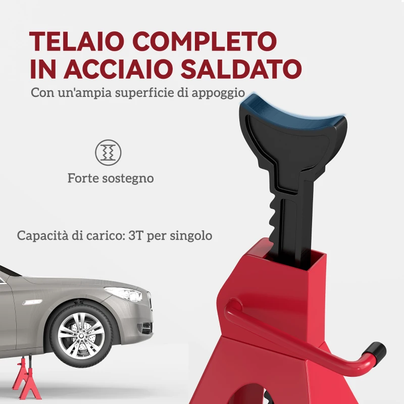 HOMCOM Set 2 Cavalletti Auto da 3 Tonnellate Regolabili da 38.5-60 cm, Acciaio al Carbonio e Ghisa, Rosso